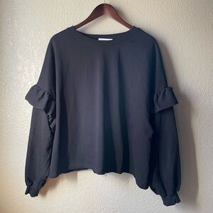 Eloquii Elements Womens Black Ruffle Sleeve Soft Cropped Sweatshirt Top 26/28